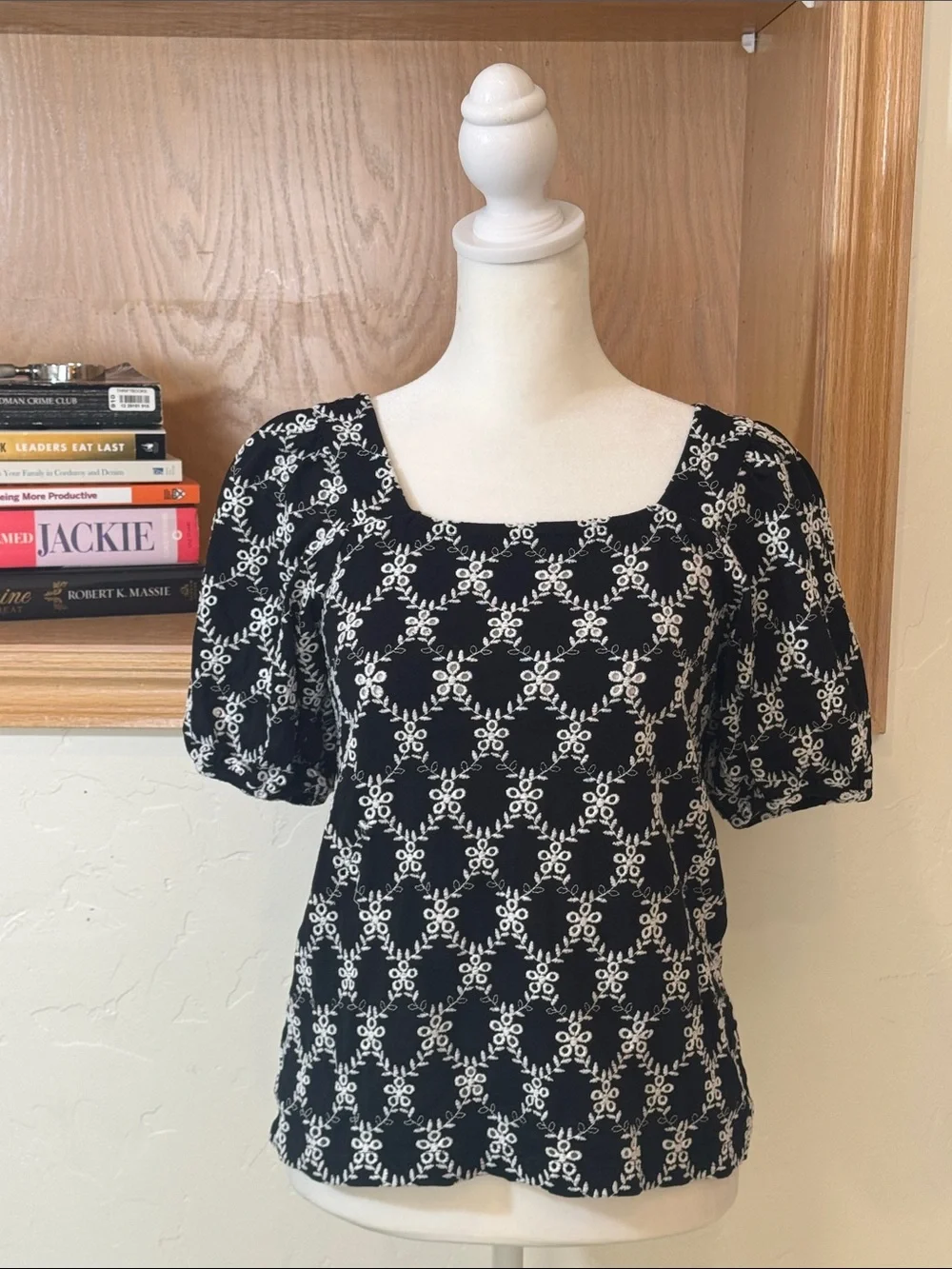 Lost Black and White Square Neck Blouse with Puff Sleeve Detail